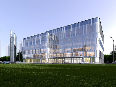 Modern Office Building Exterior With Glass Curtain Wall Front Lawn And Vehicles 3d model
