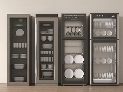 Modern Kitchen Storage Appliances With Glass Doors For Plates Cups And Wine Glasses 3d model