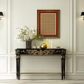 Black Console Table With Gold Accents Vase Flowers Candle Framed Painting White Wall And Sconces