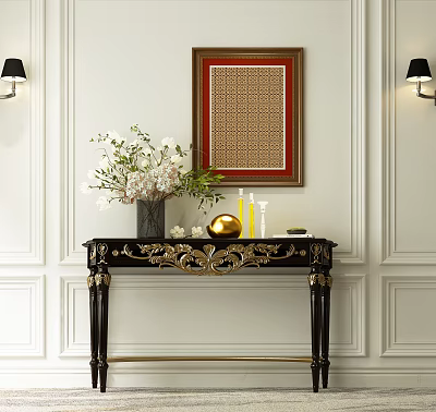 Black Console Table With Gold Accents Vase Flowers Candle Framed Painting White Wall And Sconces 3d model