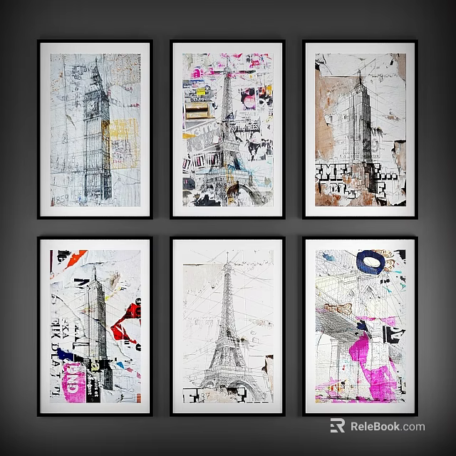 Abstract Eiffel Tower Landscape Paintings With Collage Elements And Colorful Art Designs 3d model