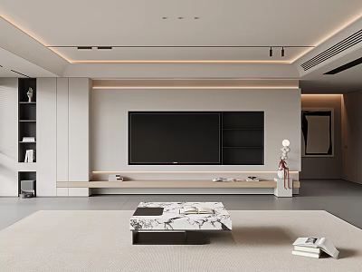 Modern Living Room Interior With Marble Coffee Table And Built in TV 3d model