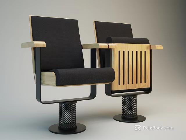 Modern Public Chairs With Black Upholstery Wooden Armrests And Metal Base 3d model 
