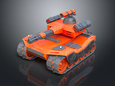 Futuristic Orange Tank 3D Model With Black Tracks Multiple Cannons And Mechanical Design 3d model