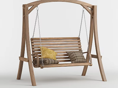 Wooden Swing Chair With Sturdy Frame Comfortable Slatted Seat And Decorative Pillows 3d model