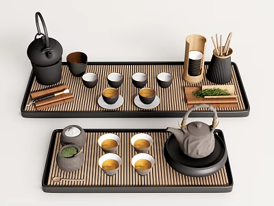 Traditional Tea Set with Black Ceramic Teapot Bamboo Tray and Multiple Tea Cups 3d model