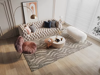 Modern Tufted Sectional Sofa Living Room With Geometric Rug And Round Coffee Table 3d model