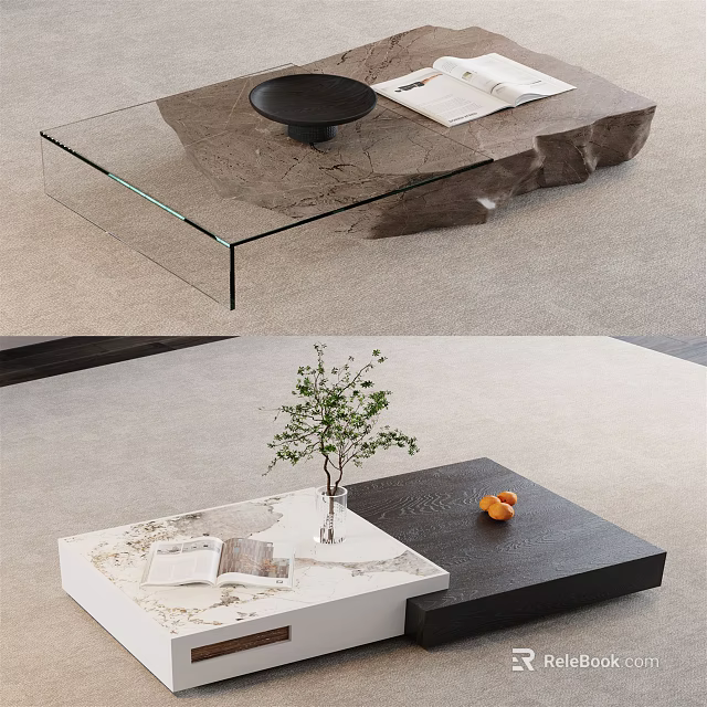 Modern Coffee Table with Glass Top Black and White Design Small Plant Books and Oranges 3d model 