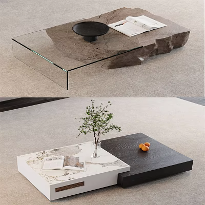 Modern Coffee Table with Glass Top Black and White Design Small Plant Books and Oranges 3d model