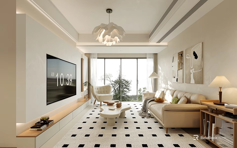 Modern Living And Dining Room Interior With TV Sofa Chandelier And Patterned Rug 3d model 