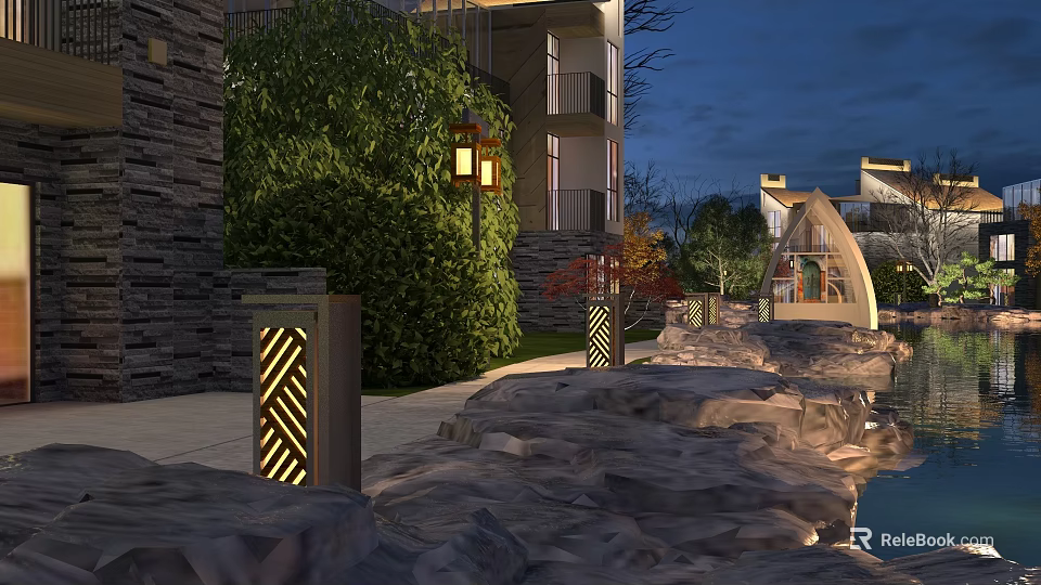 Modern Garden Landscape With Lush Greenery Illuminated Lanterns Rock Formations And Water Feature 3d model 