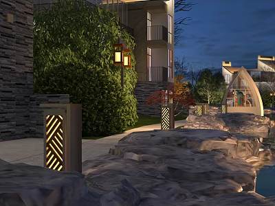 Modern Garden Landscape With Lush Greenery Illuminated Lanterns Rock Formations And Water Feature 3d model