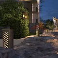Modern Garden Landscape With Lush Greenery Illuminated Lanterns Rock Formations And Water Feature