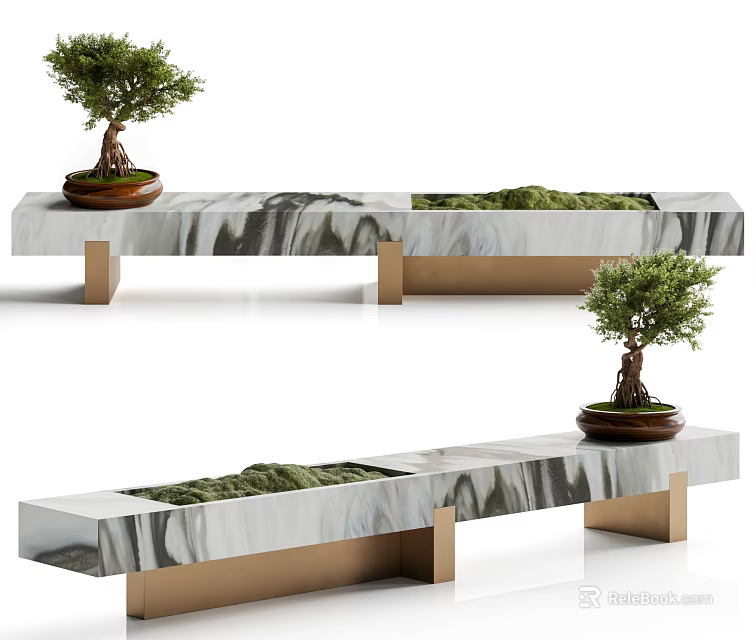 Elegant Modern Stool With Marble Top And Gold Metal Legs Decorated With Bonsai Tree 3d model 