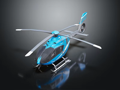 Modern Blue Helicopter With Sleek Rotors And Shiny Fuselage On Reflective Surface 3d model
