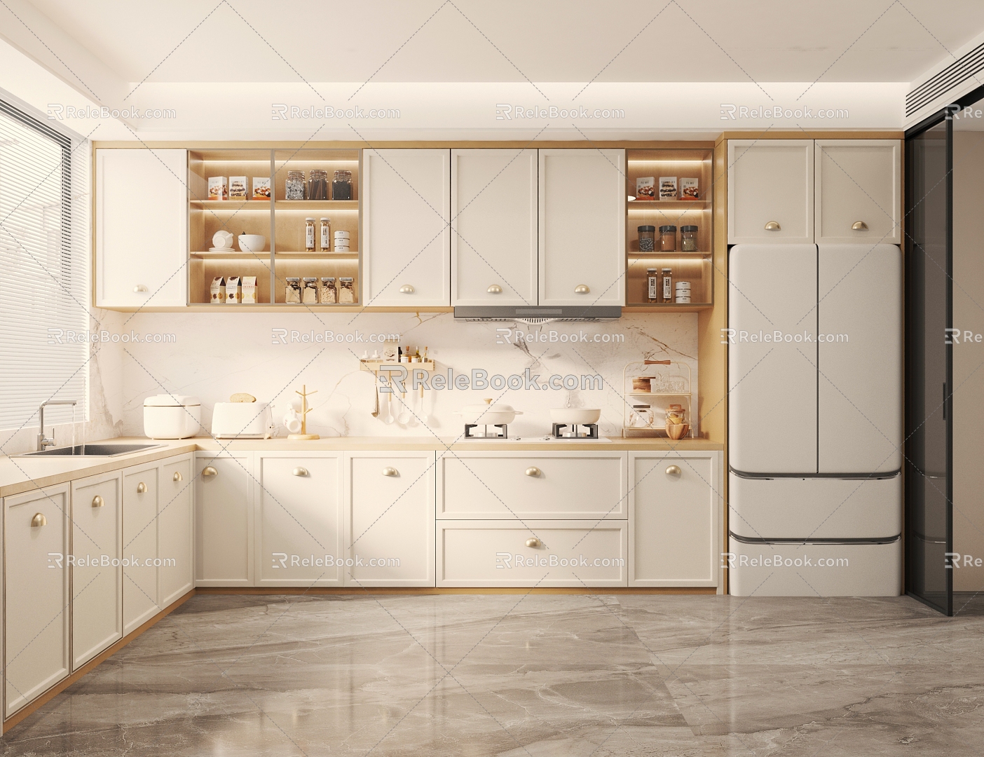 Cream wind open kitchen 3d model