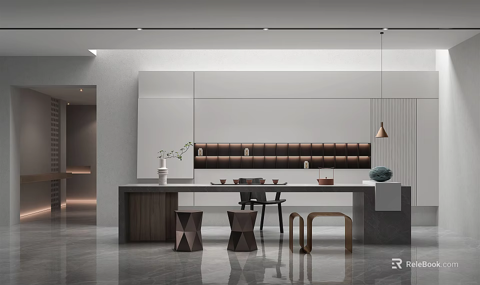 Modern Tea Room Interior With White Cabinets Wooden Countertop Tea Sets Display Shelf Pendant Lights 3d model 