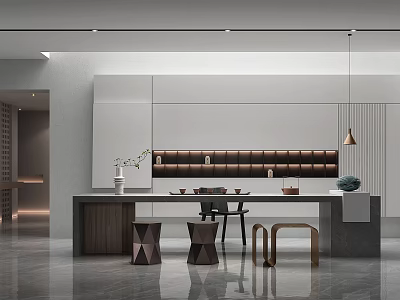 Modern Tea Room Interior With White Cabinets Wooden Countertop Tea Sets Display Shelf Pendant Lights 3d model