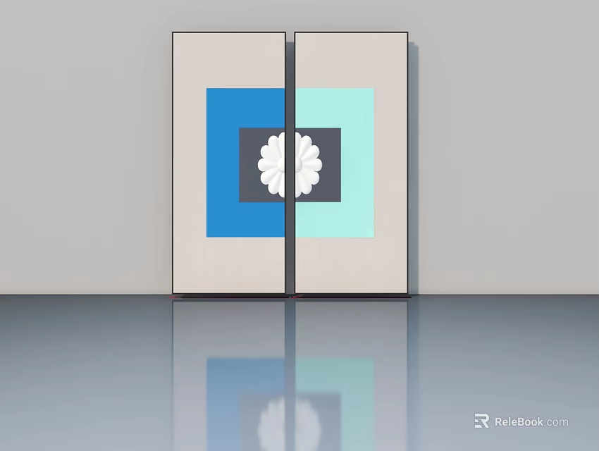 Modern Casement Door Design With Blue Light Green Gray Panels And Flower Pattern 3d model 