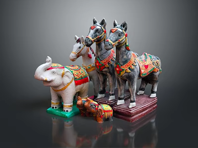 Hand Carved Colorful Horse And Elephant Sculptures With Intricate Decorative Patterns 3d model