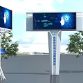 Outdoor Modern Billboard with Digital Screen Tech-inspired Blue Interface on White Pillar Surrounded by Trees 3d model