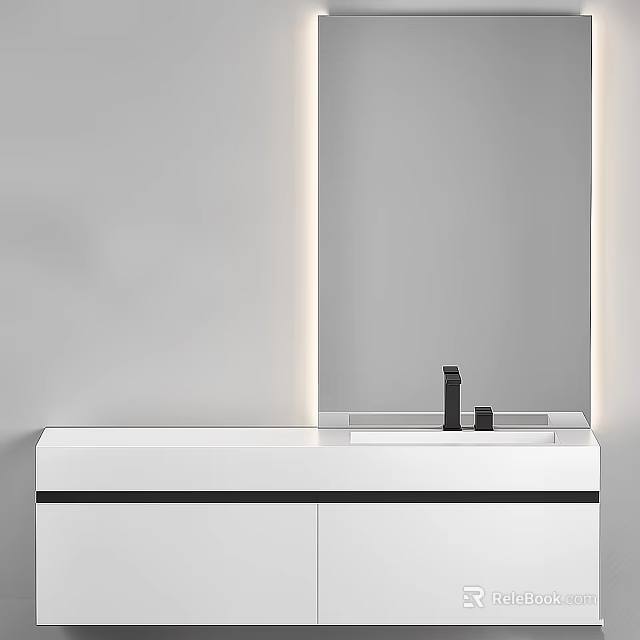 Modern Minimalist White Washbasin With LED Lights Black Faucet And Cabinet 3d model 