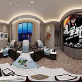 Modern KTV Interior with Purple Blue Neon Lights Sofas Marble Floor and Wall Decorations