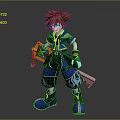 3D Render Of Anime Character With Brown Spiky Hair Blue Outfit Keyblade And Flame Patterns