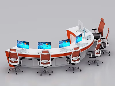 Modern Control Console Workstation With Multiple Monitors And Ergonomic Office Chairs 3d model