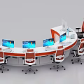 Modern Control Console Workstation With Multiple Monitors And Ergonomic Office Chairs 3d model