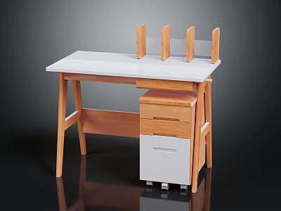 Modern Wooden Desk Featuring White Tabletop Drawers Rolling White Cabinet And Three Wooden Dividers 3d model