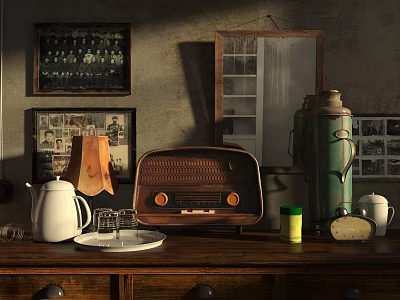 Vintage Wooden Table And Chair Set With Retro Radio Decorative Items Wall Frames And Mirror 3d model
