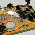 Park Landscape With Children's Playground Curved Orange Paths Sandpit Area Trees White Pavilion And Playground Equipment