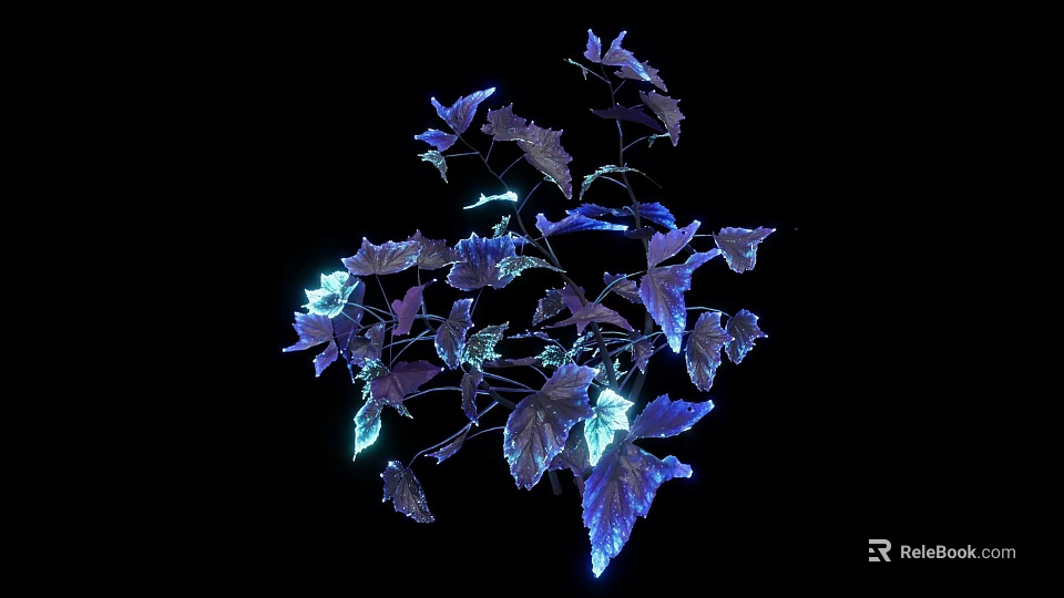 Stunning Glowing Purple And Blue Plant Leaves On Black Background 3d model 