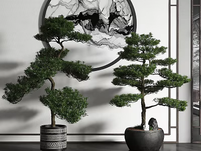Pine Bonsai Trees In Modern Interior With Circular Decorative Art And Stylish Pots 3d model