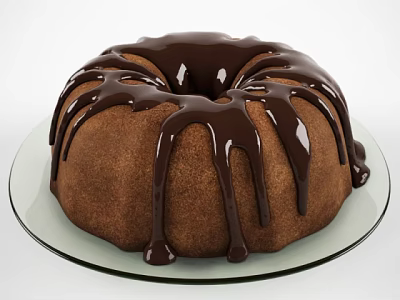 Homemade Round Chocolate Glaze Cake with Smooth Drizzle on Glass Plate 3d model