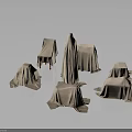 Covered Furniture Display With Various Shapes And Sizes On Dark Background
