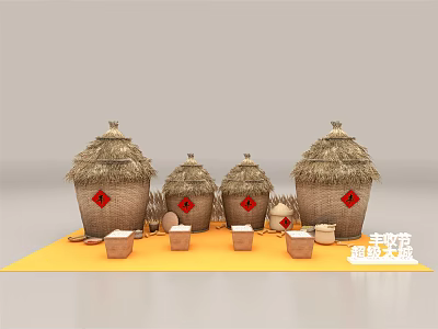 Traditional Straw Roofed Containers With Red Diamond Symbols On Yellow Mat And Small Clay Pots 3d model