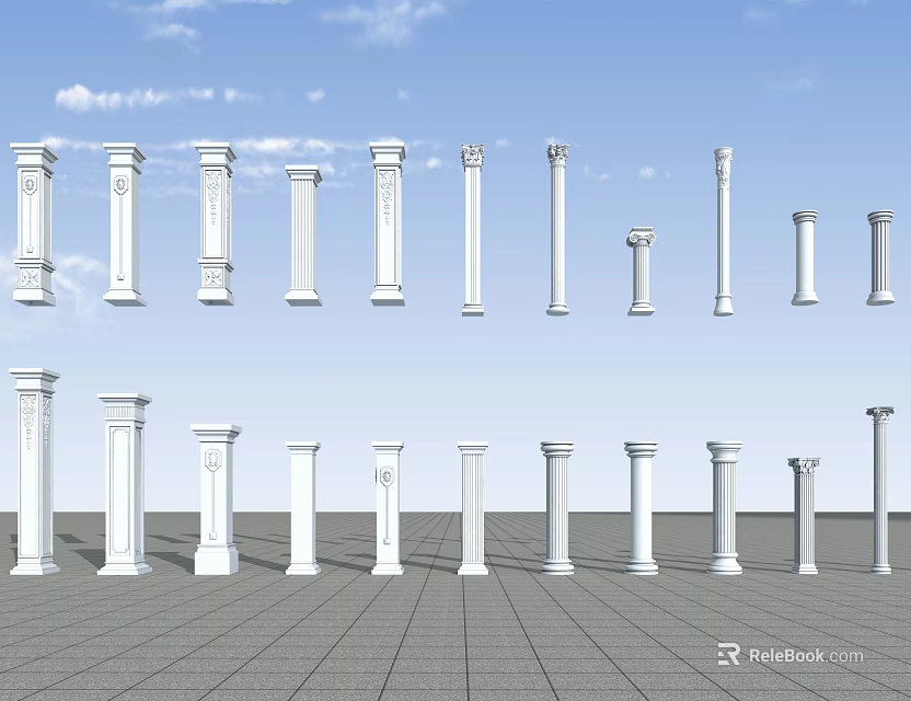 Multiple White Roman Columns Displayed Against Blue Sky with Gray Grid Floor 3d model 