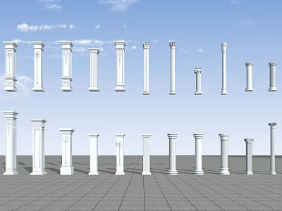 Multiple White Roman Columns Displayed Against Blue Sky with Gray Grid Floor 3d model