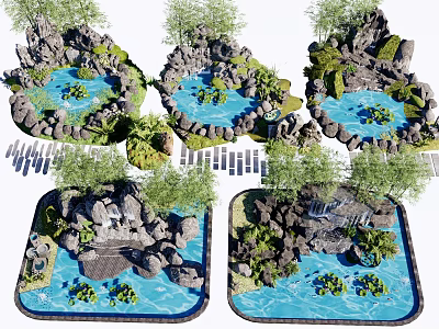 Natural Stone And Wood Garden Landscape With Rock Ponds Green Plants And Paths 3d model