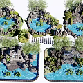 Natural Stone And Wood Garden Landscape With Rock Ponds Green Plants And Paths