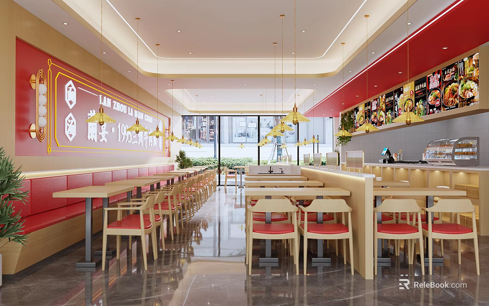 Bright Modern Restaurant Interior With Red Walls Wooden Tables And Pendant Lights 3d model 