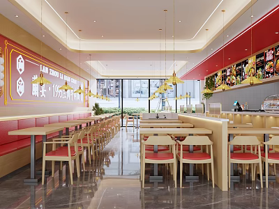 Bright Modern Restaurant Interior With Red Walls Wooden Tables And Pendant Lights 3d model