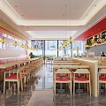 Bright Modern Restaurant Interior With Red Walls Wooden Tables And Pendant Lights
