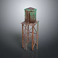 Old Water Tower With Green Top And Rusty Metal Support Ladder Structure