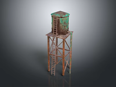 Old Water Tower With Green Top And Rusty Metal Support Ladder Structure 3d model