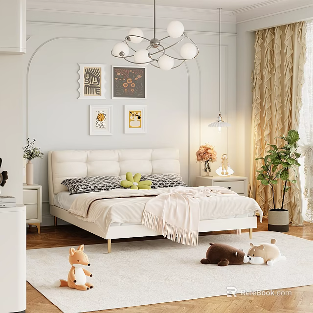 Cream Colored Double Bed With Upholstered Headboard Decorative Paintings Chandelier Green Plants And Plush Toys 3d model 