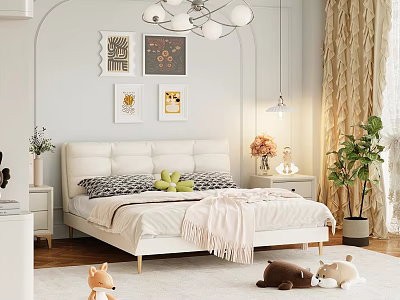 Cream Colored Double Bed With Upholstered Headboard Decorative Paintings Chandelier Green Plants And Plush Toys 3d model