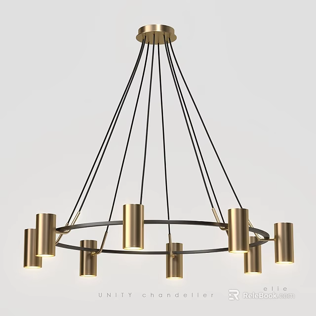 Modern Brass Chandelier With Circular Frame And Cylindrical Shades Black Hanging Cables For Contemporary Interior 3d model 